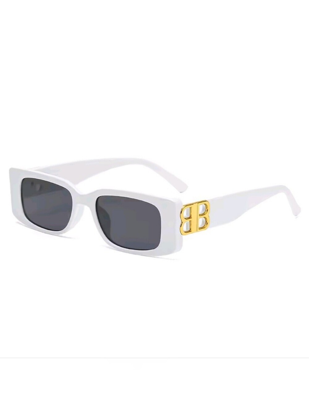 Women's White Rectangular Sunglasses with Gold Double-B Accent